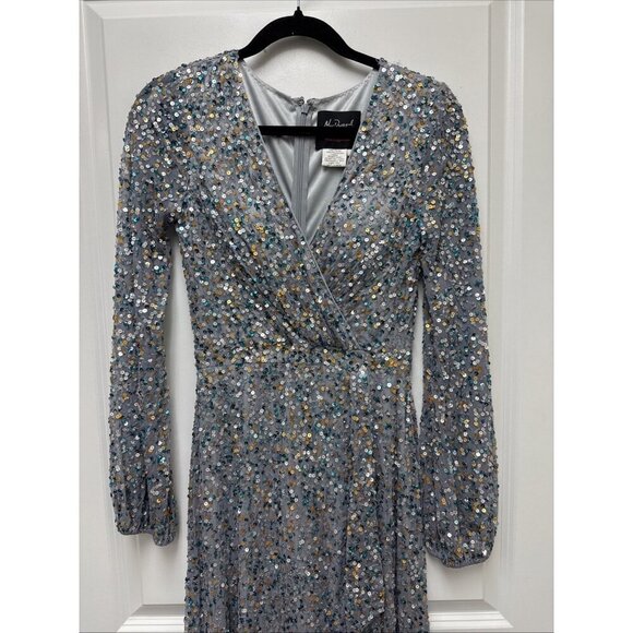 Mac Duggal Size 2 Silver 5213 SEQUIN LONG SLEEVE Wrap Formal GOWN Dress $498 - Picture 5 of 11